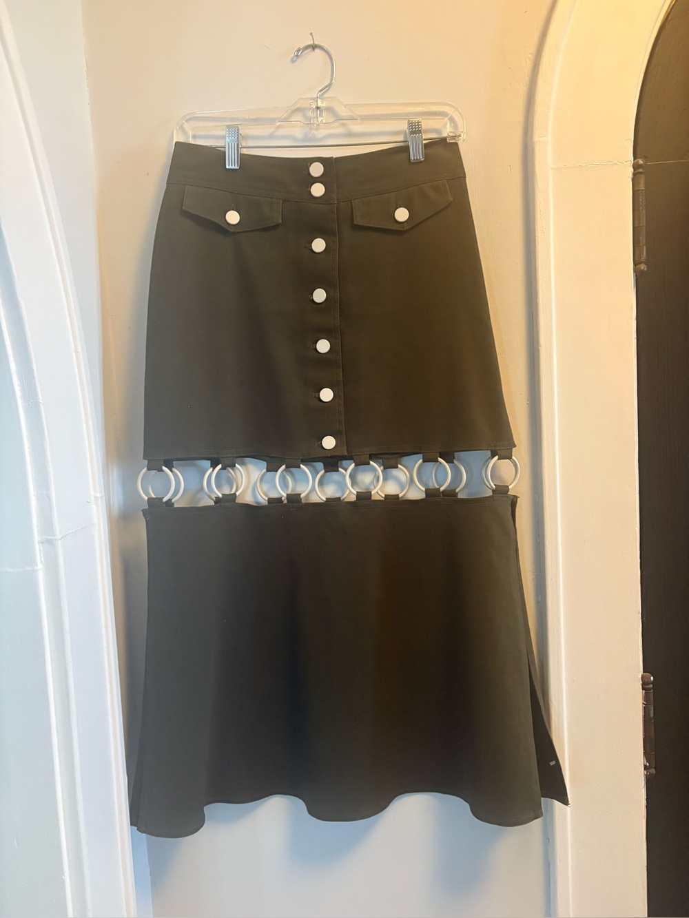 Olive Green Ring-Detail Midi Skirt